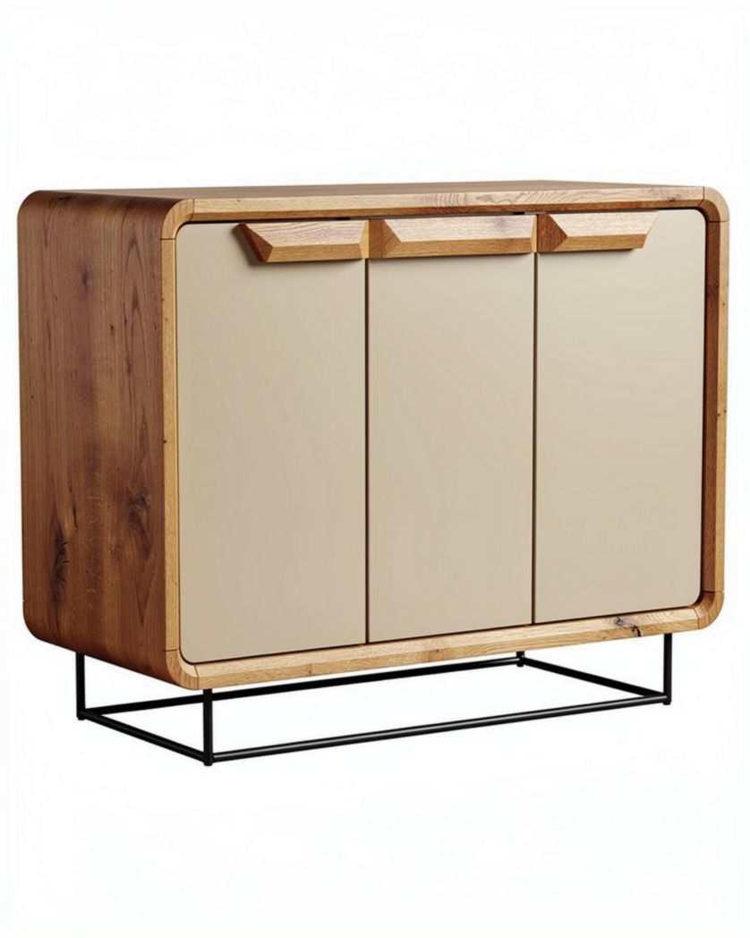 Meuble de rangement en bois et métal avec trois portes beige 120 x 40 x 80cm