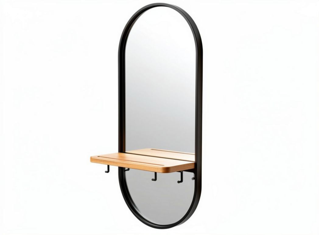 Miroir mural ovale avec étagère en bois de couleur naturelle et métal noir 60 x 30 x 100cm