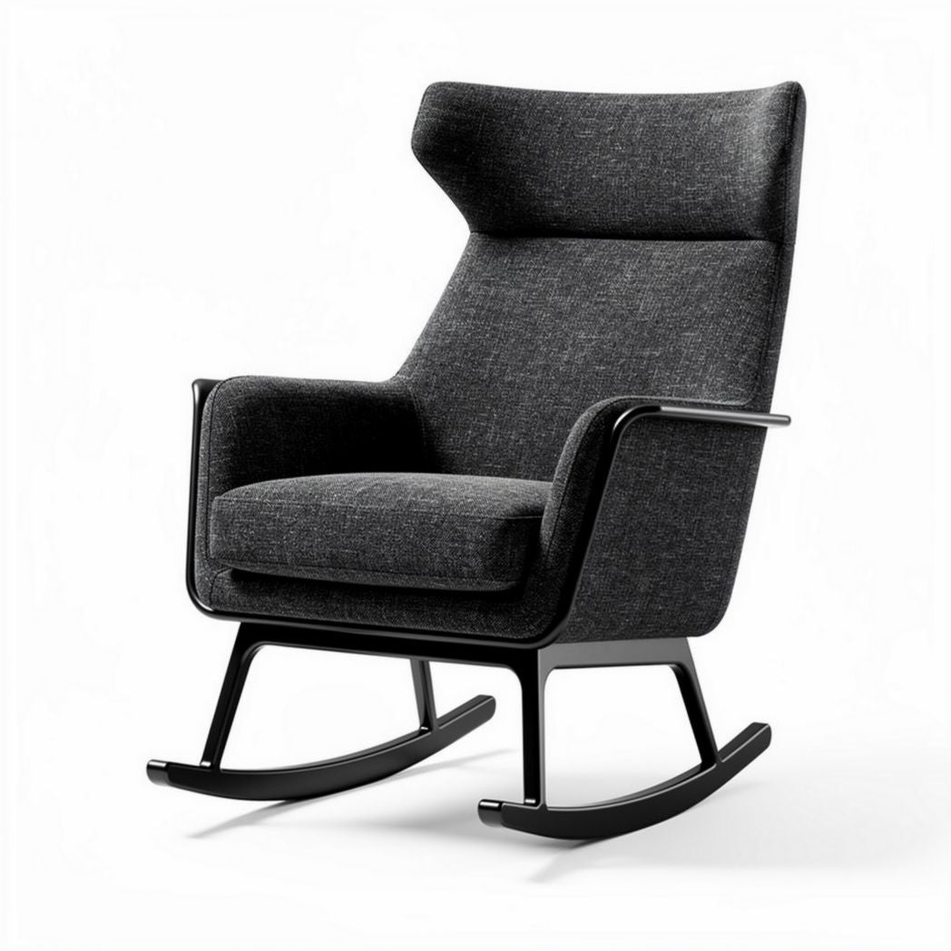 Fauteuil à bascule en tissu gris avec structure en bois noir 85 x 75 x 100cm