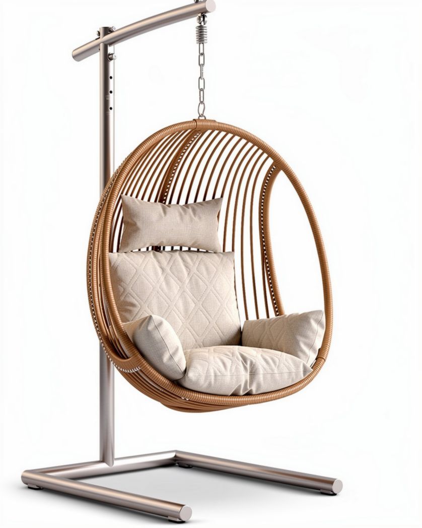 Fauteuil suspendu en osier avec coussins en tissu beige dimensions 100 x 70 x 120cm