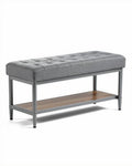 Banc en tissu gris avec plateau en bois dimensions 100 x 40 x 45cm