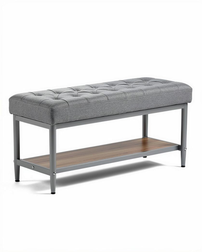 Banc en tissu gris avec plateau en bois dimensions 100 x 40 x 45cm